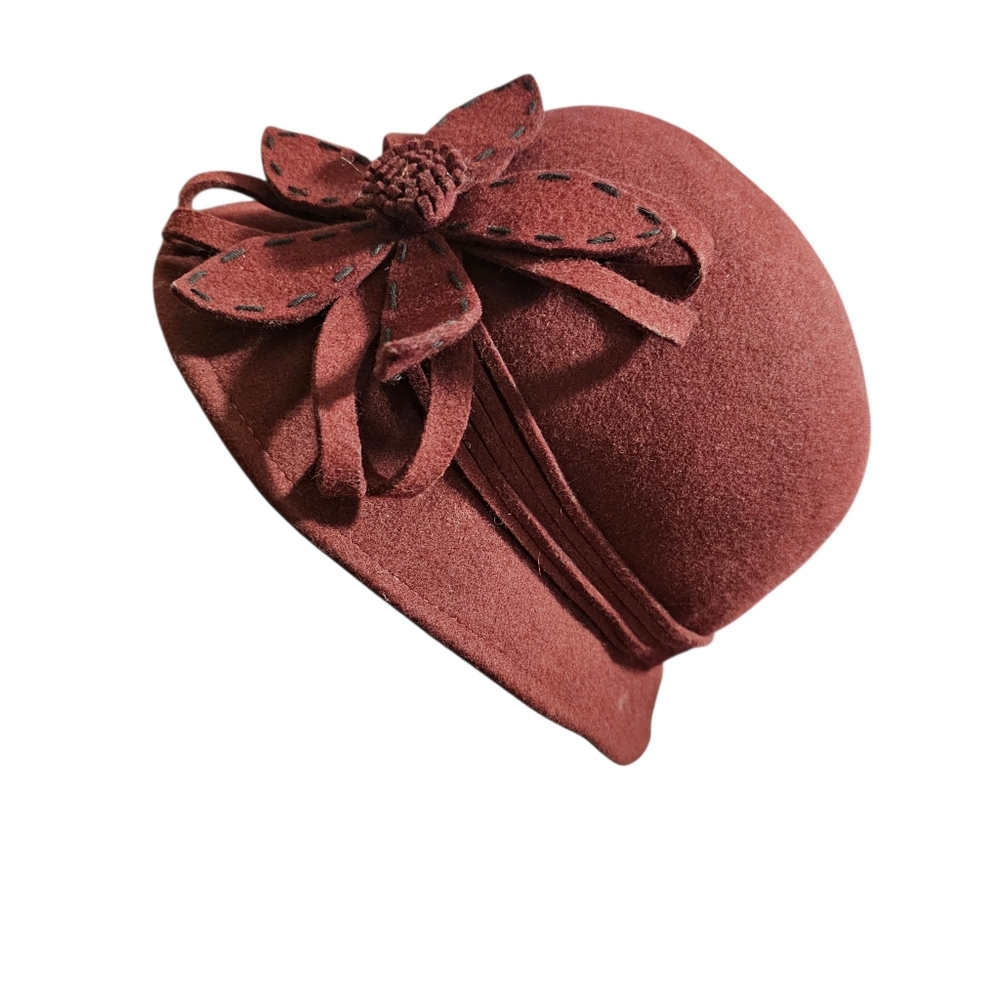 Delux Vintage Style Felt Womens Hat Floral Detail Burgundy 20s 30s 40s - Picture 3 of 13